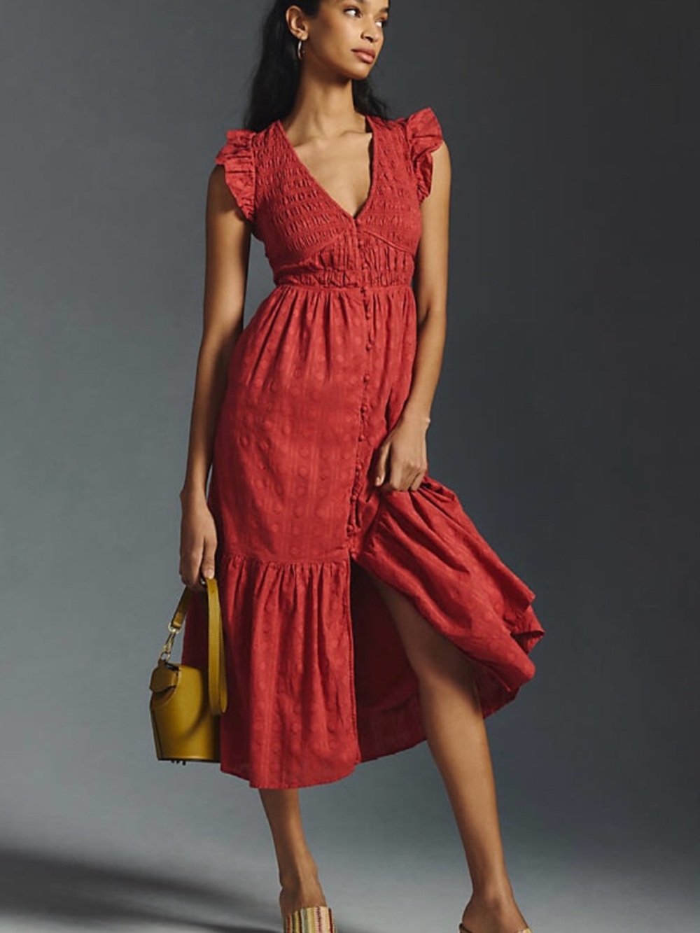 Anthropologie Midi Dress Peregrine Size S Smocked Coral Pink Boho Cottagecore